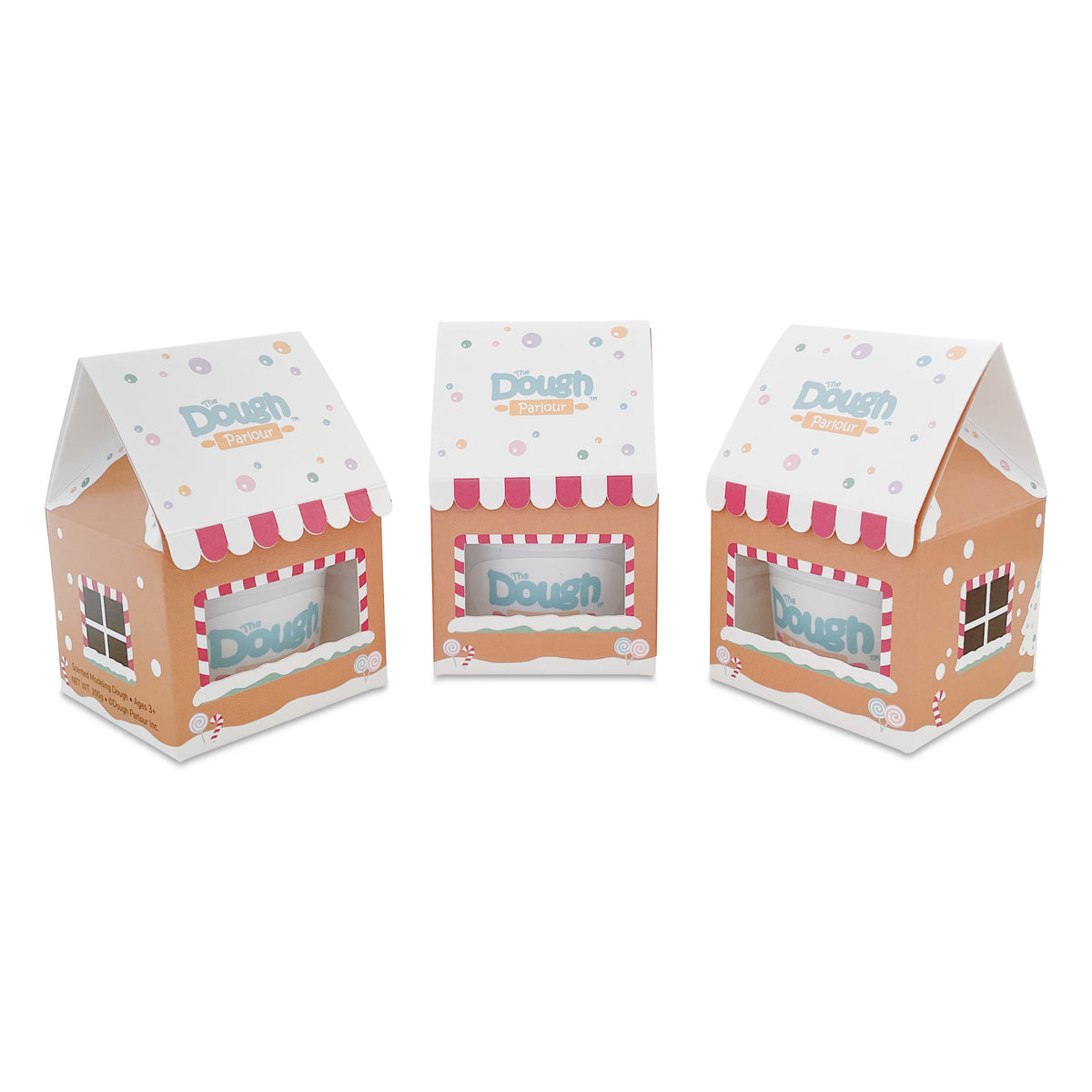 Gingerbread Stocking Stuffers set of 3 boxes designed as mini gingerbread houses with dough tubs inside peeking through the front windows