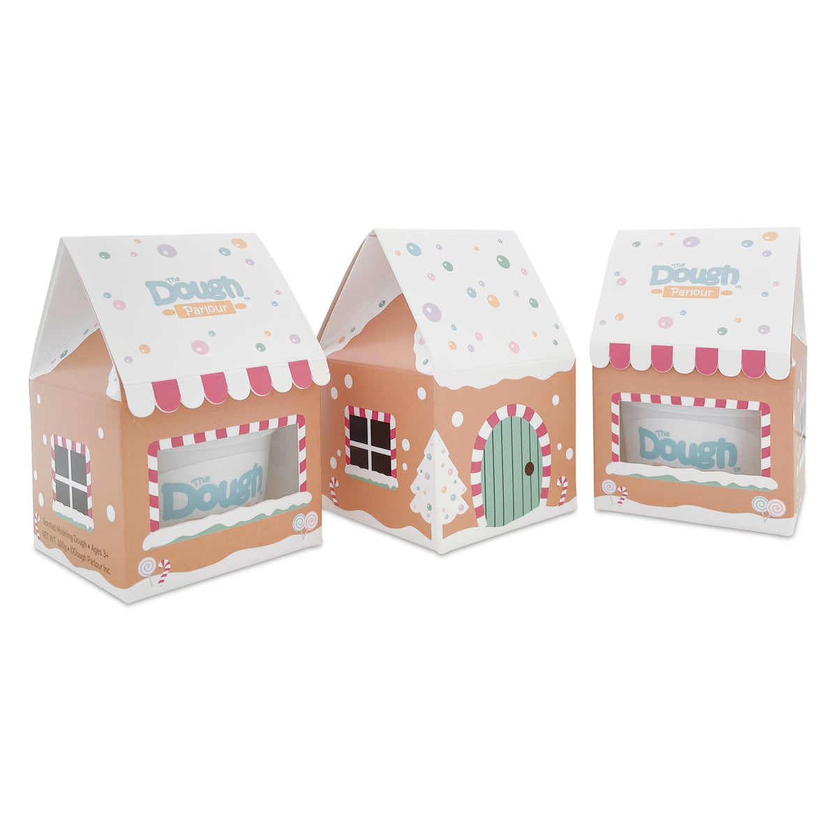 Gingerbread Stocking Stuffers set of 3 boxes designed as mini gingerbread houses with dough tubs inside
