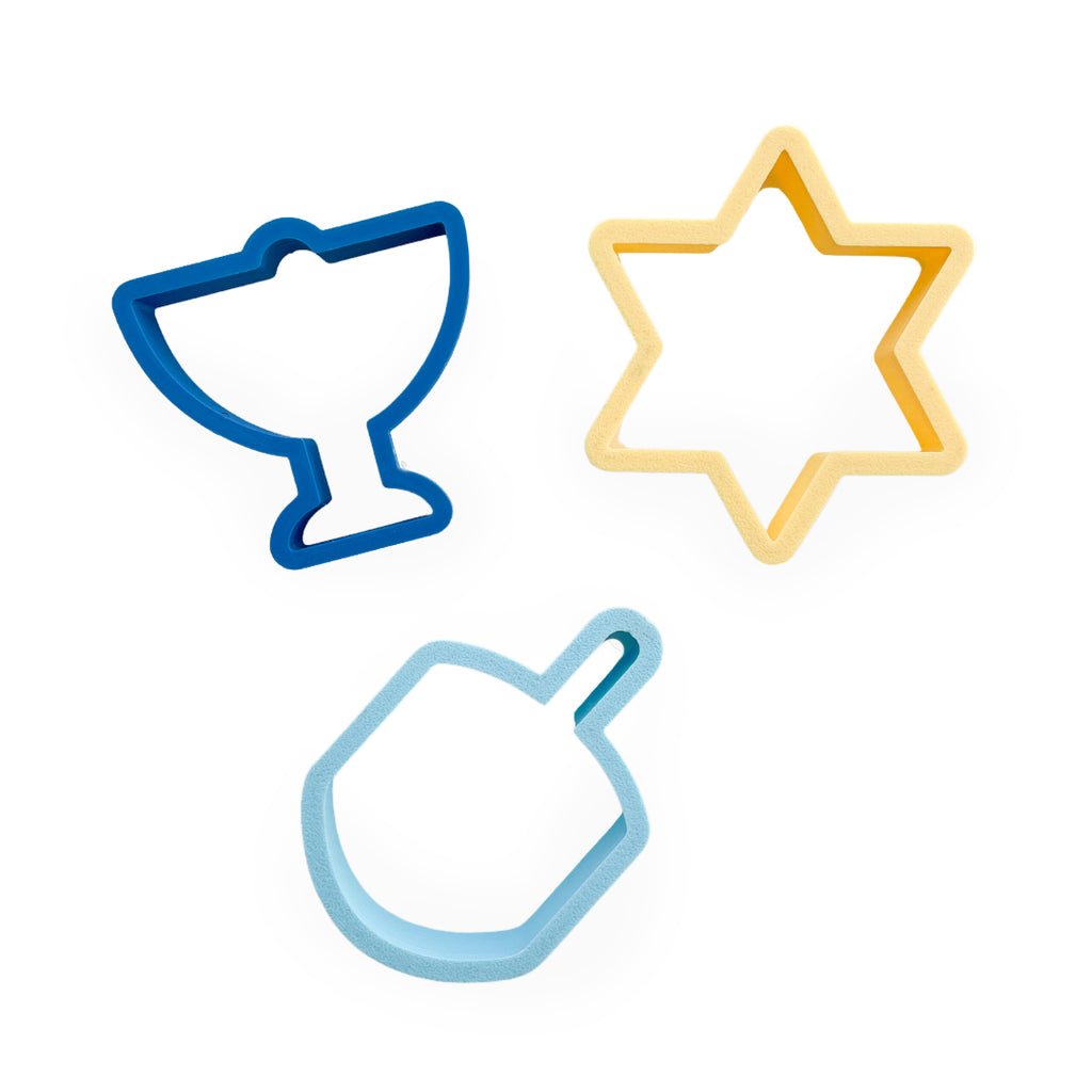 3 eco-plastic Judaic cutters, a Menorah, Dreidel and Star of David