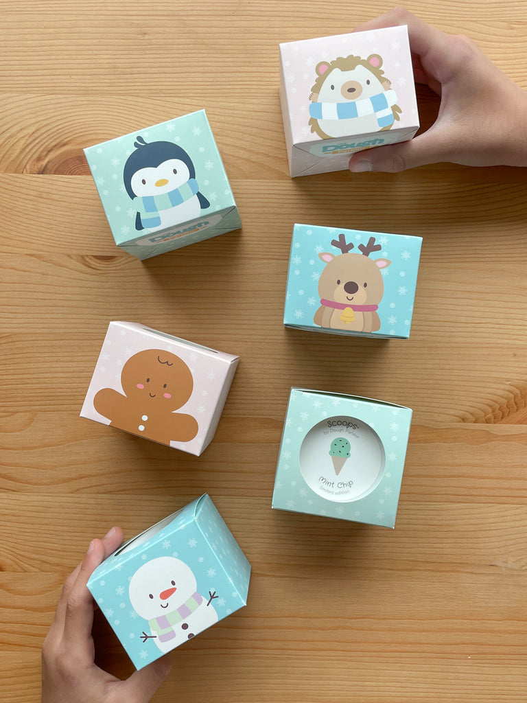 Winter Parlour Pals®, Snowman, Hedgehog, Penguin, Reindeer, Gingerbread Man, and Polar Bear, in cute little favor boxes for gifting tubs of dough