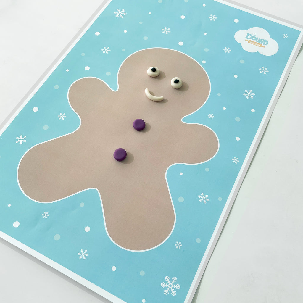 Gingerbread Playmat front showing some dough eyes, smile, and buttons