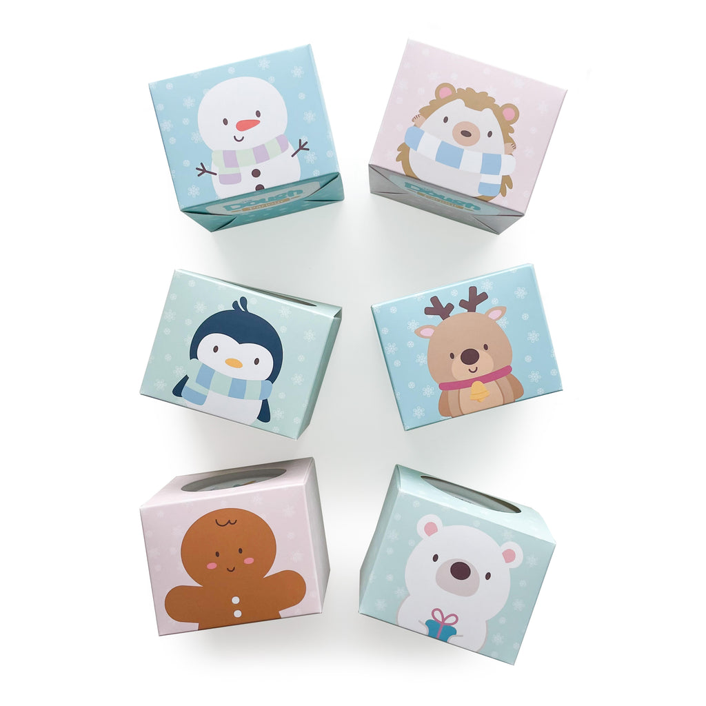 Winter Parlour Pals®, Snowman, Hedgehog, Penguin, Reindeer, Gingerbread Man, and Polar Bear, in cute little favor boxes for gifting tubs of dough