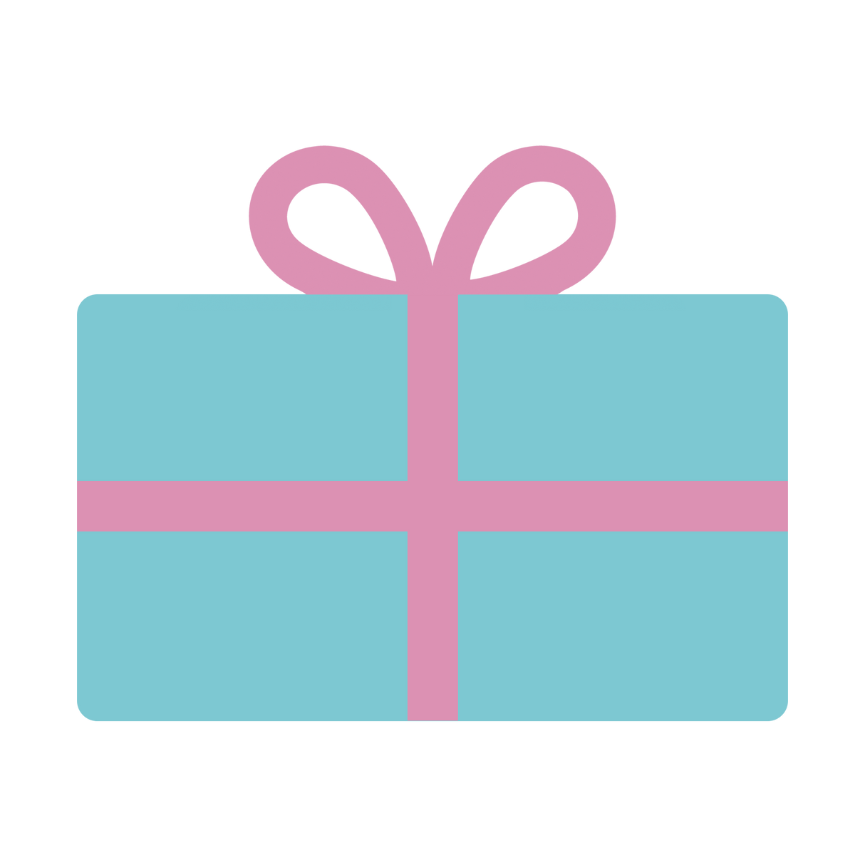 Illustration of a teal gift card wrapped in pink ribbon