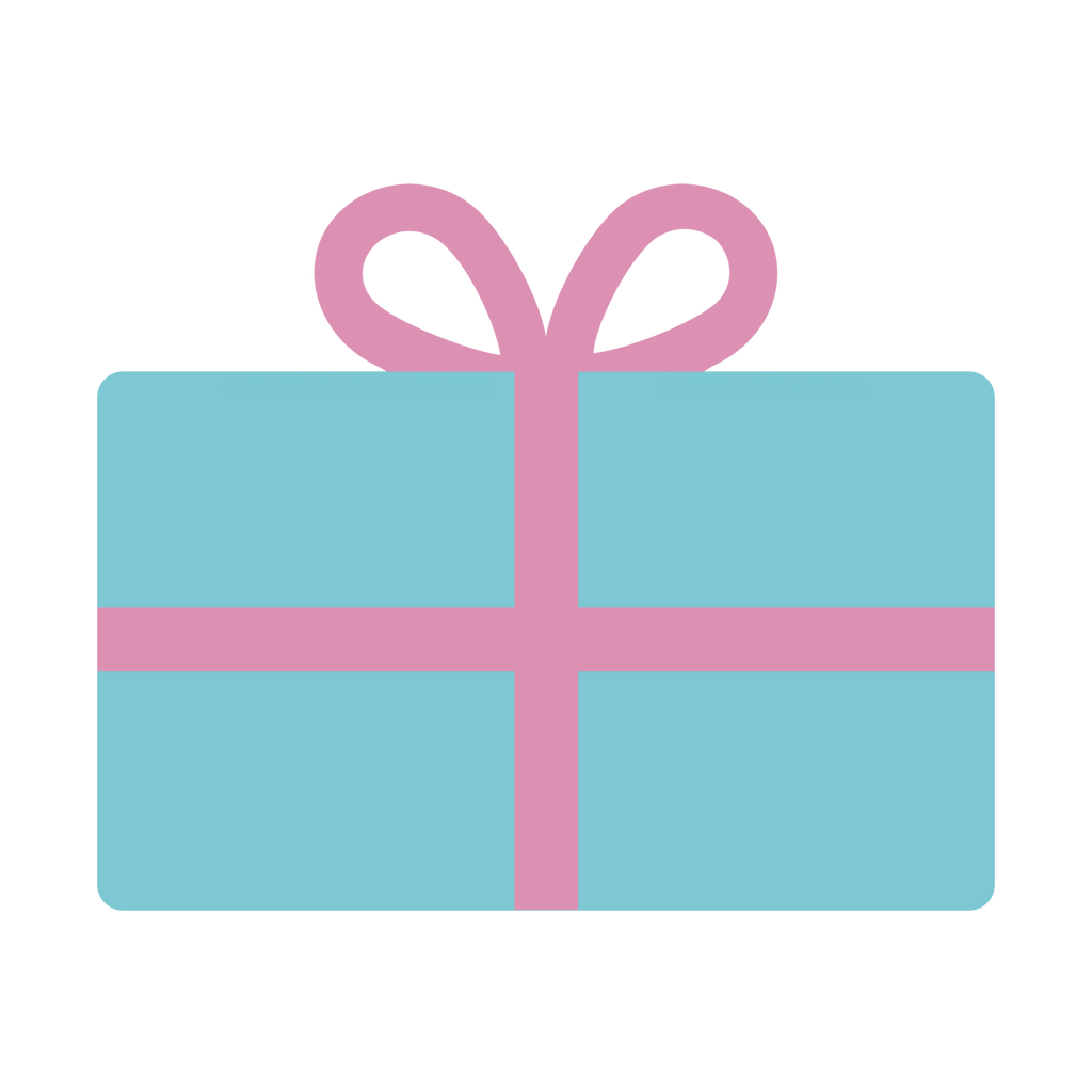 Illustration of a teal gift card wrapped in pink ribbon