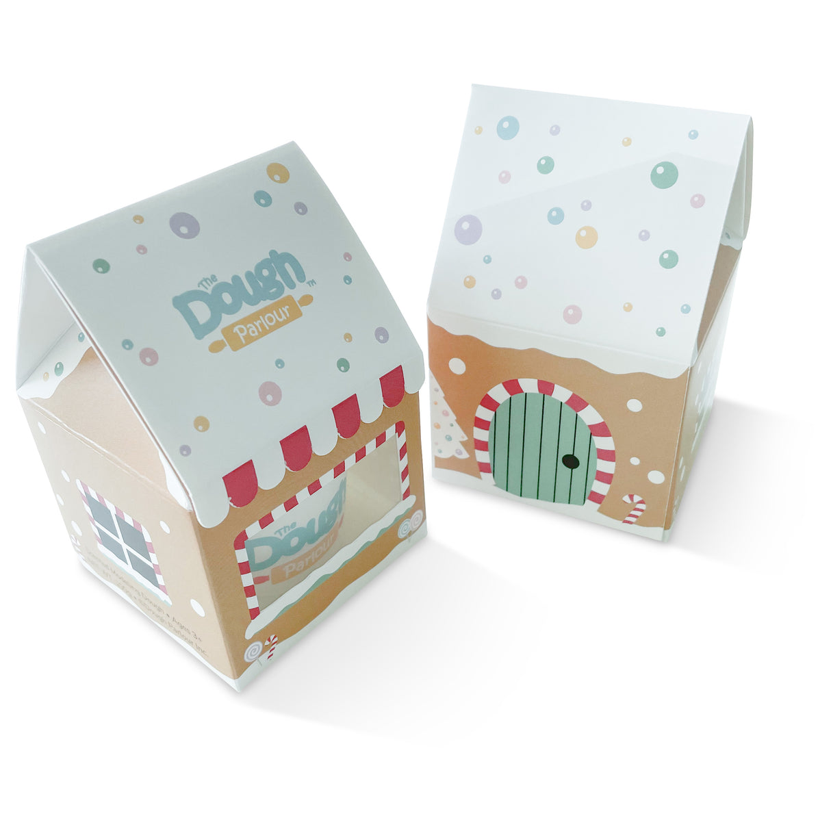 Gingerbread Stocking Stuffers set of 3 boxes designed as mini gingerbread houses with dough tubs inside - roof view of icing and candy graphics