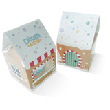 Gingerbread Stocking Stuffers set of 3 boxes designed as mini gingerbread houses with dough tubs inside - roof view of icing and candy graphics