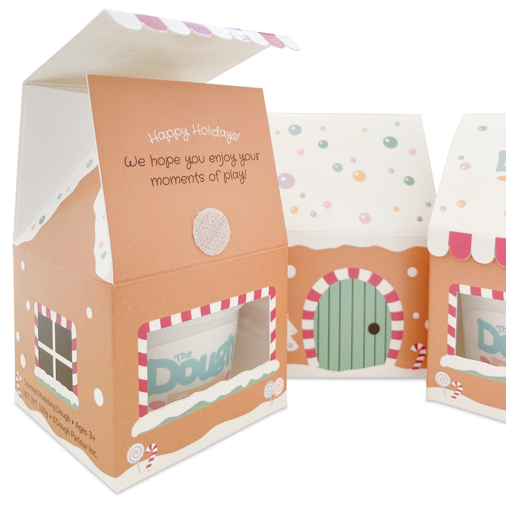 Gingerbread Stocking Stuffers set of 3 boxes designed as mini gingerbread houses with dough tubs inside, with one open showing the velcro tab and Happy Holiday wording