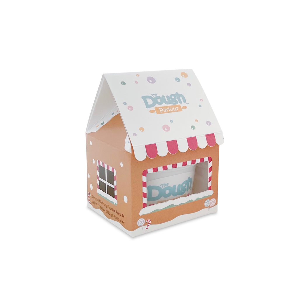 Gingerbread Stocking Stuffer designed as mini gingerbread house with dough tub inside peeking through the front window