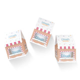 Gingerbread Stocking Stuffers boxes designed as mini gingerbread houses with dough tubs inside peeking through window on front of boxes