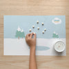 Holiday Playmat back, showing a wintery scene with white dough snowballs made by a child
