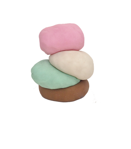 stacks of brown, mint green, beige, and pink play dough and container on white background that is 100% non-toxic, natural and BPA free