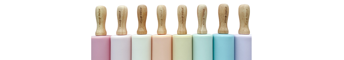 silicone rolling pins lined up like rainbow